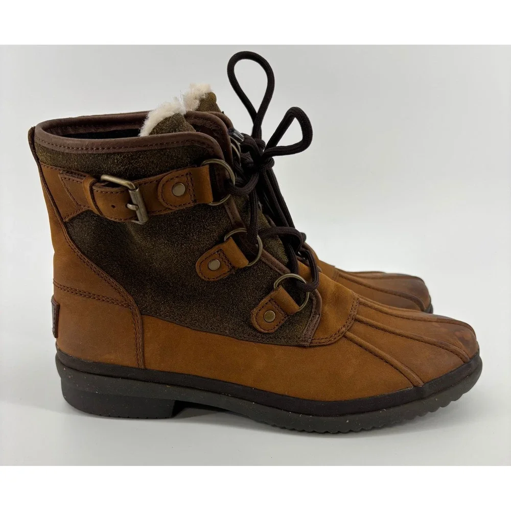 UGG Cecile Waterproof Duck Boots Women's 8.5 Brown Leather Shearling Lined